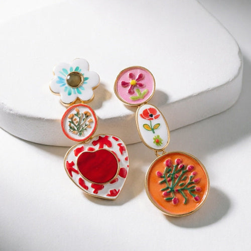Asymmetrical Flower Dangle Earrings — colorful earrings, view 2