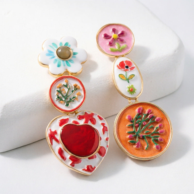 Asymmetrical Flower Dangle Earrings — colorful earrings, view 3