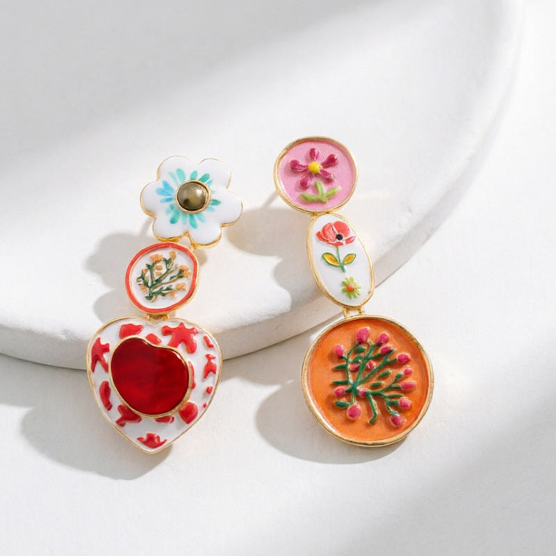 Asymmetrical Flower Dangle Earrings — colorful earrings, view 4
