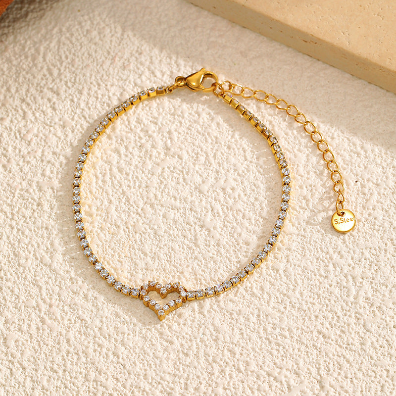 Rhinestone Heart Pendant Bracelet — gold bracelet, view 2