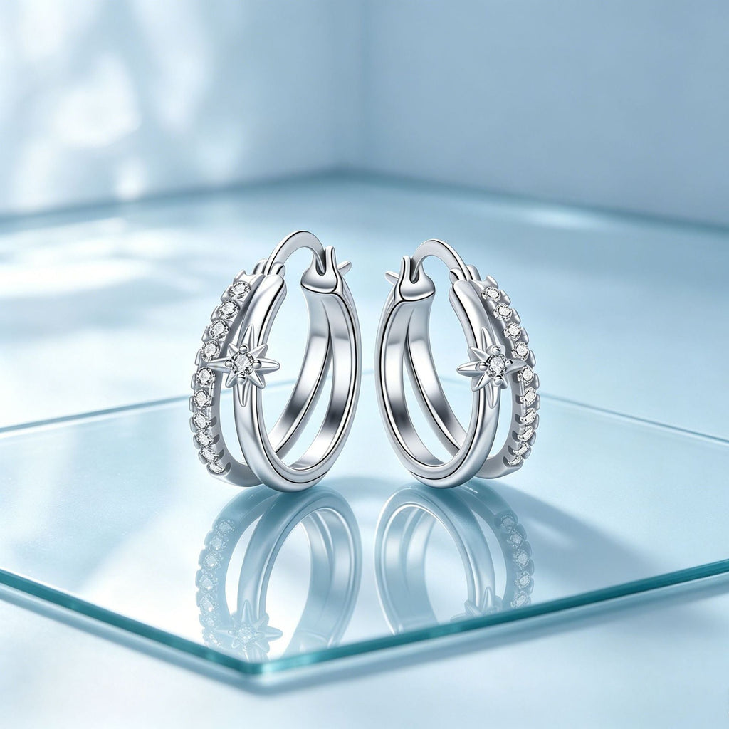 Cubic Zirconia Starburst Hoop Earrings — silver earrings, view 2