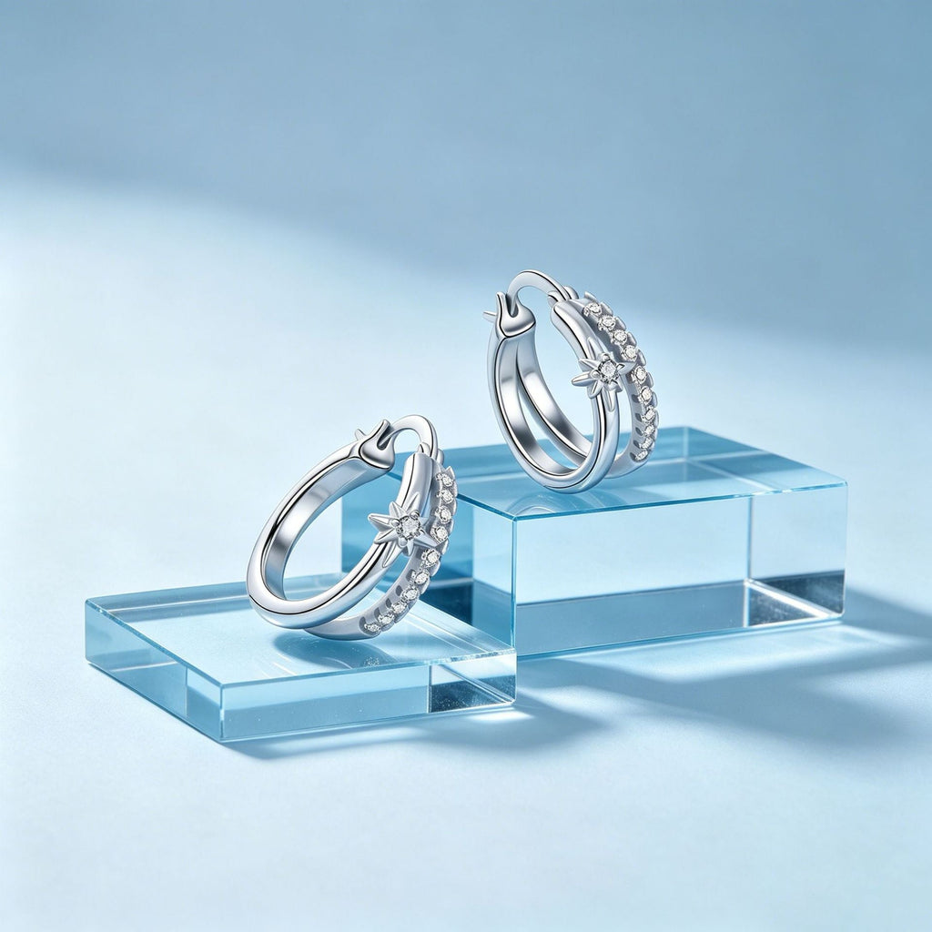 Cubic Zirconia Starburst Hoop Earrings — silver earrings, view 3
