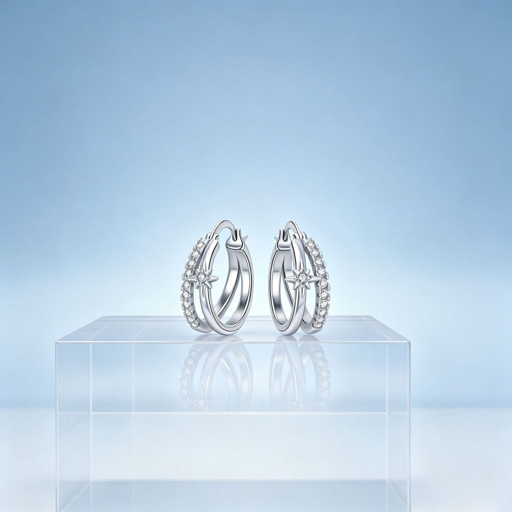 Cubic Zirconia Starburst Hoop Earrings — silver earrings, view 4