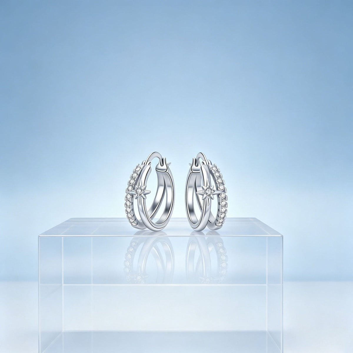 Cubic Zirconia Starburst Hoop Earrings — silver earrings, view 4
