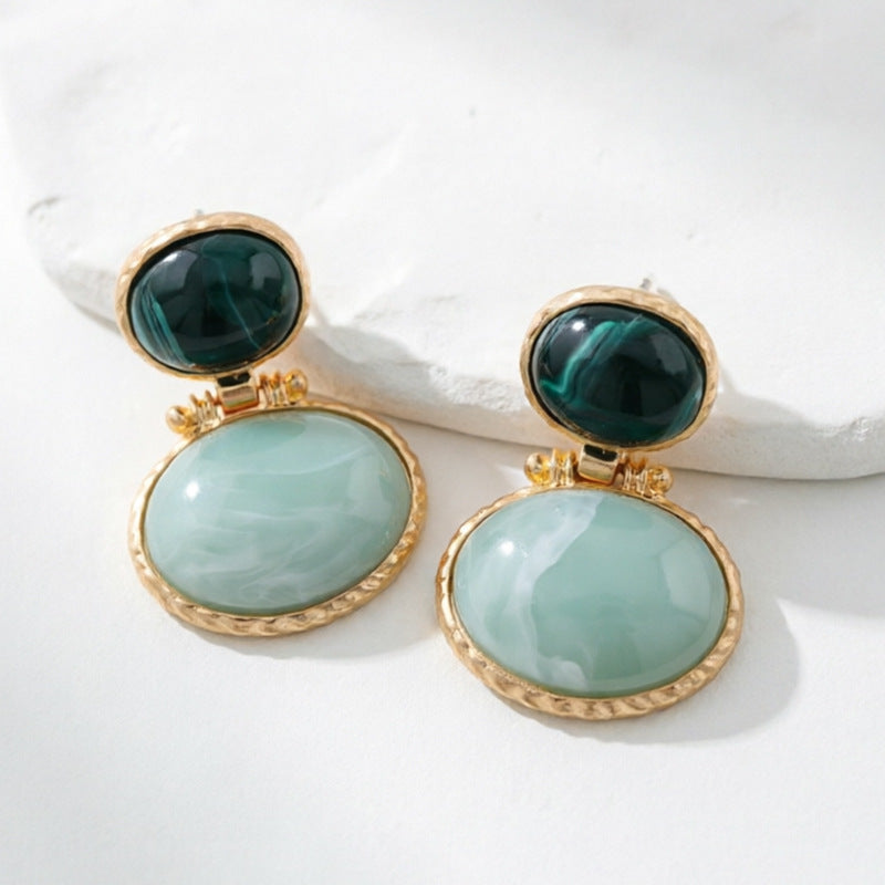 Emerald Oval Pendant Studs — gold earrings, view 2