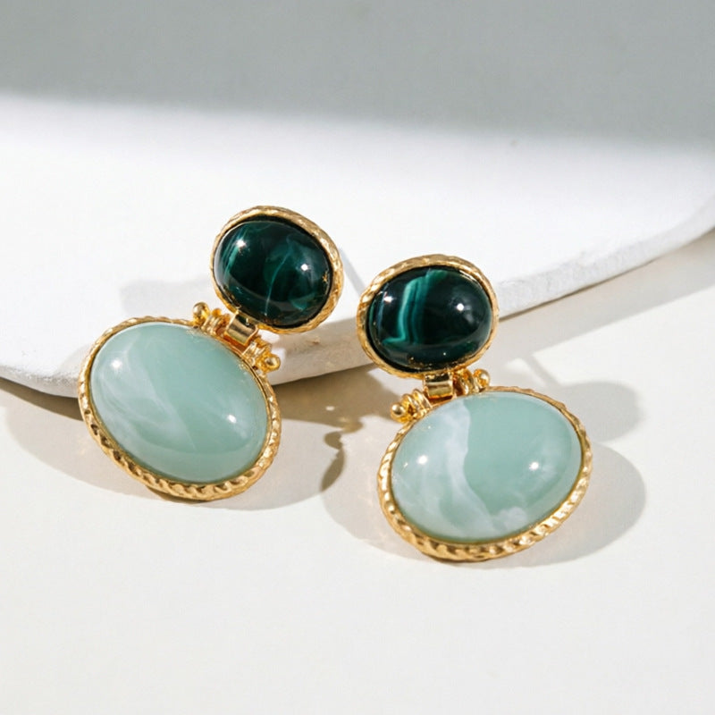 Emerald Oval Pendant Studs — gold earrings, view 3