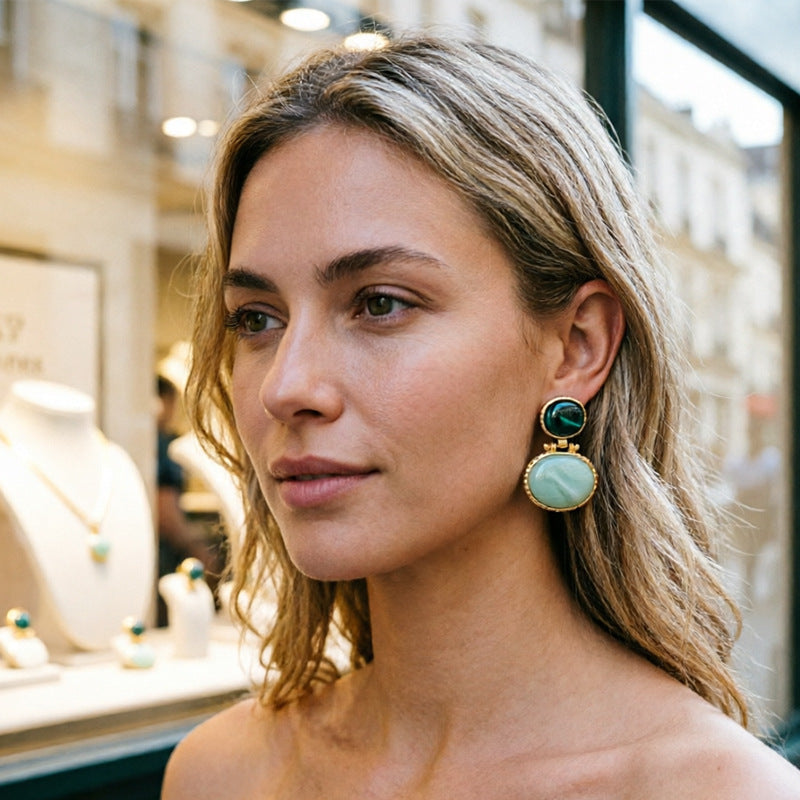 Emerald Oval Pendant Studs — gold earrings, view 5