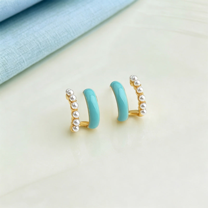 Enamel Pearl Geometric Stud Earrings — gold earrings, view 2