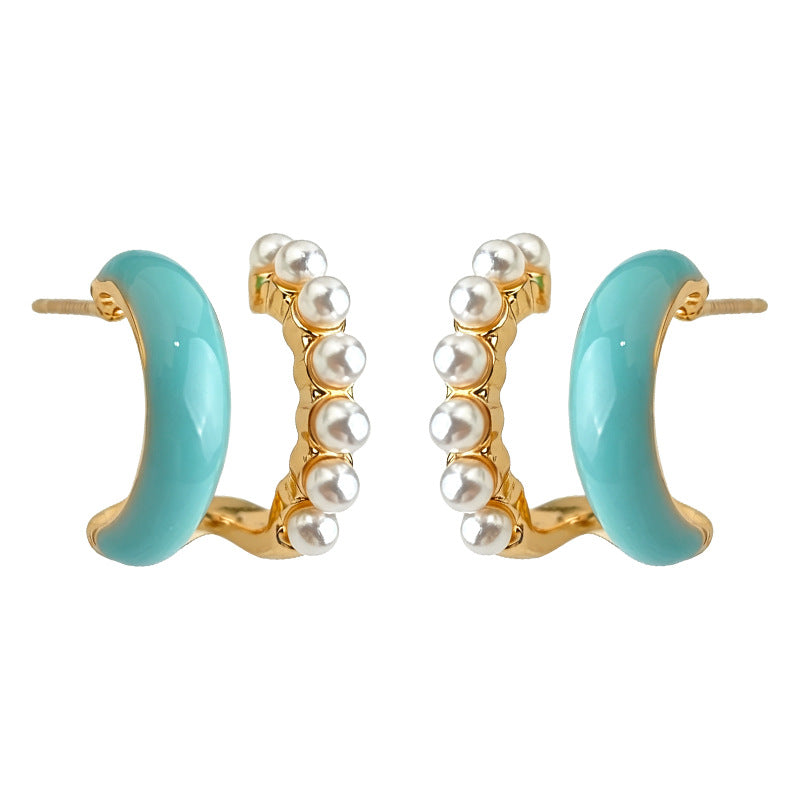 Enamel Pearl Geometric Stud Earrings — gold earrings, view 3
