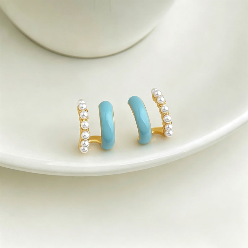 Enamel Pearl Geometric Stud Earrings — gold earrings, view 4