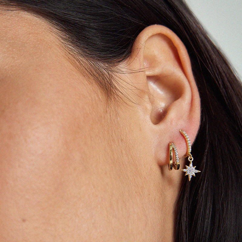 Moon Pendant Rhinestone Hoop Earrings — earrings, view 4