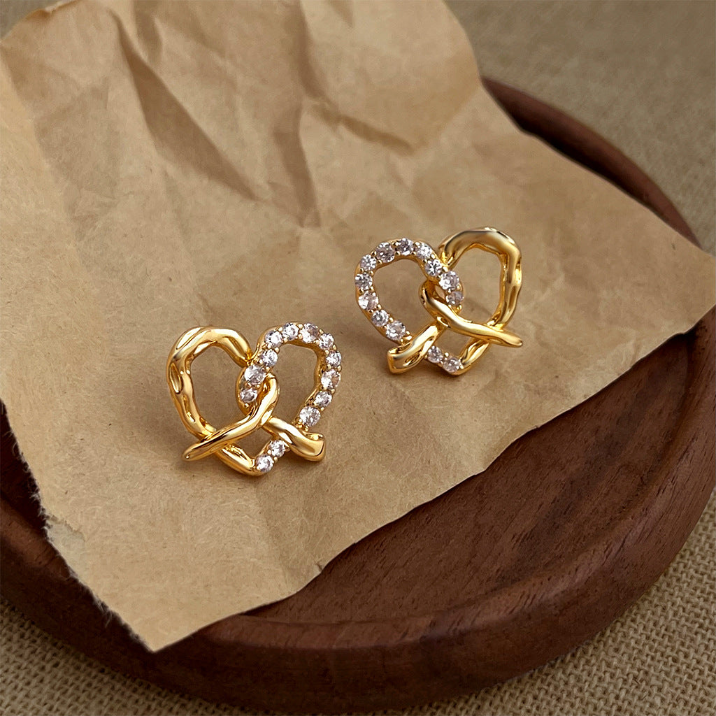 Hollow Heart Rhinestone Studs — gold earrings, view 2