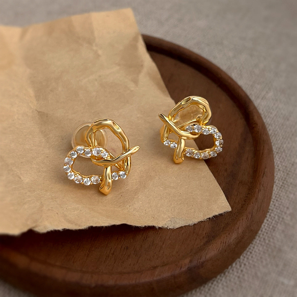 Hollow Heart Rhinestone Studs — gold earrings, view 3