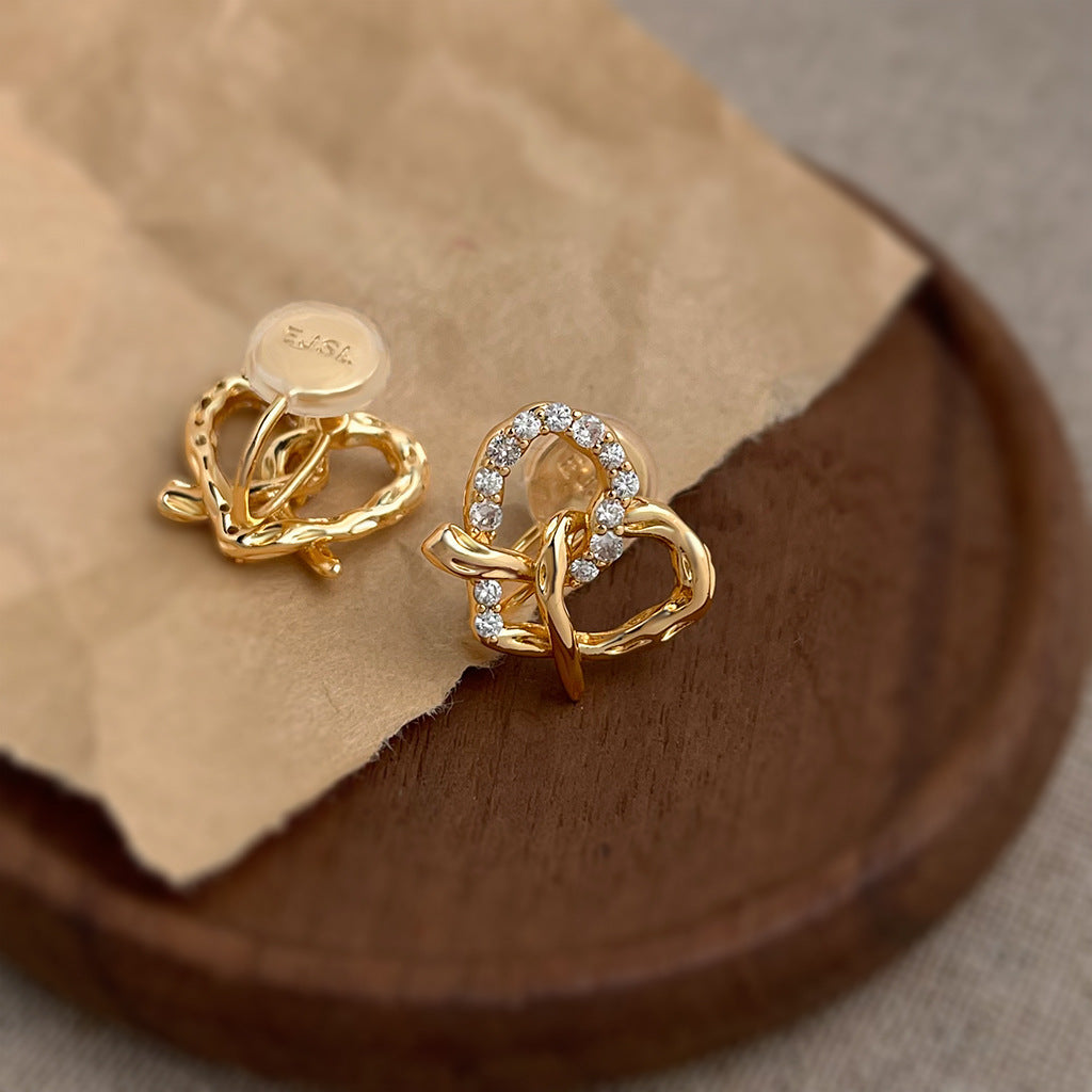Hollow Heart Rhinestone Studs — gold earrings, view 4