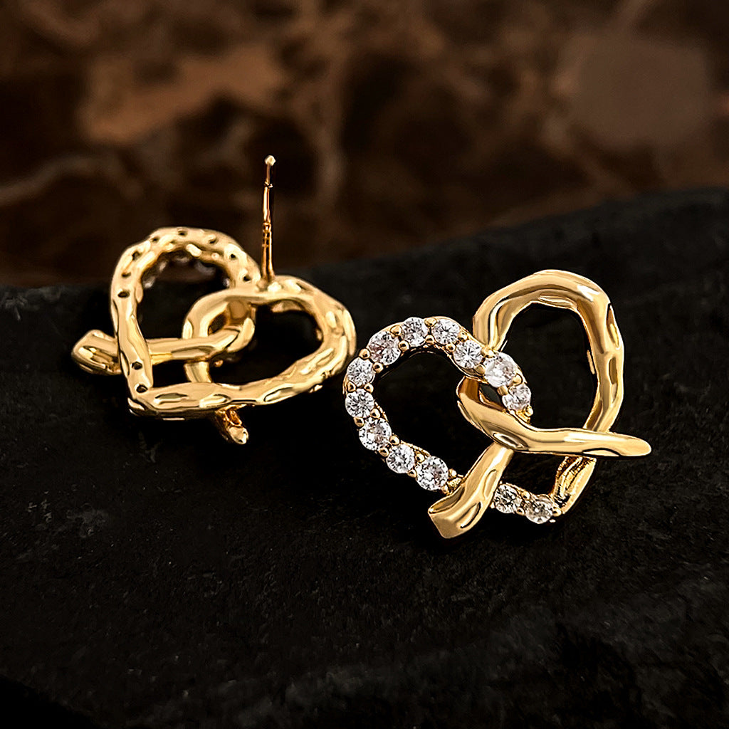 Hollow Heart Rhinestone Studs — gold earrings, view 5