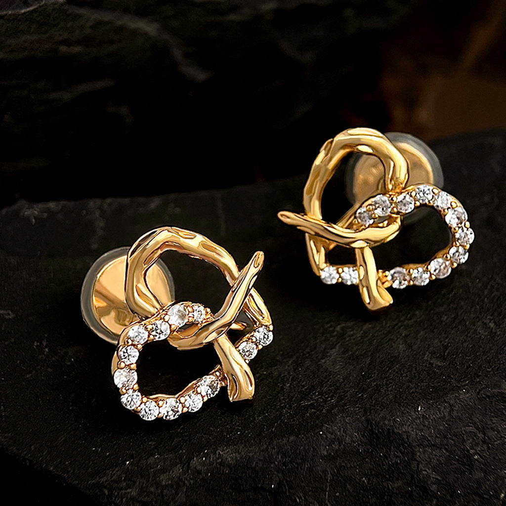 Hollow Heart Rhinestone Studs — gold earrings, view 6