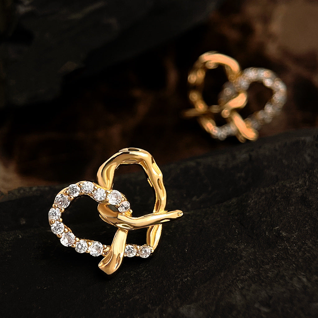 Hollow Heart Rhinestone Studs — gold earrings, view 7