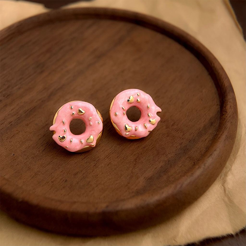 Doughnut Shape Gold Stud Earrings — pink earrings, view 2