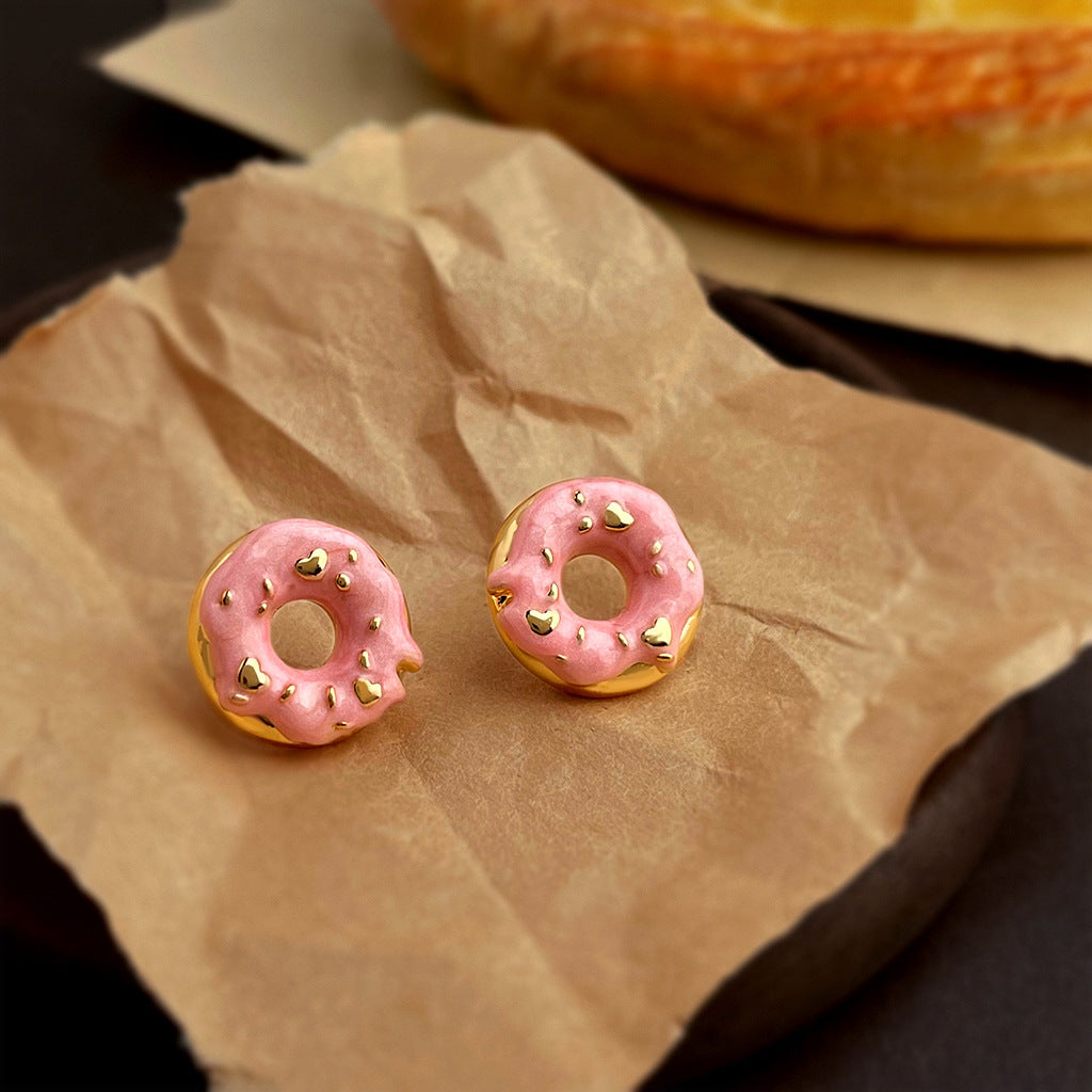 Doughnut Shape Gold Stud Earrings — pink earrings, view 3