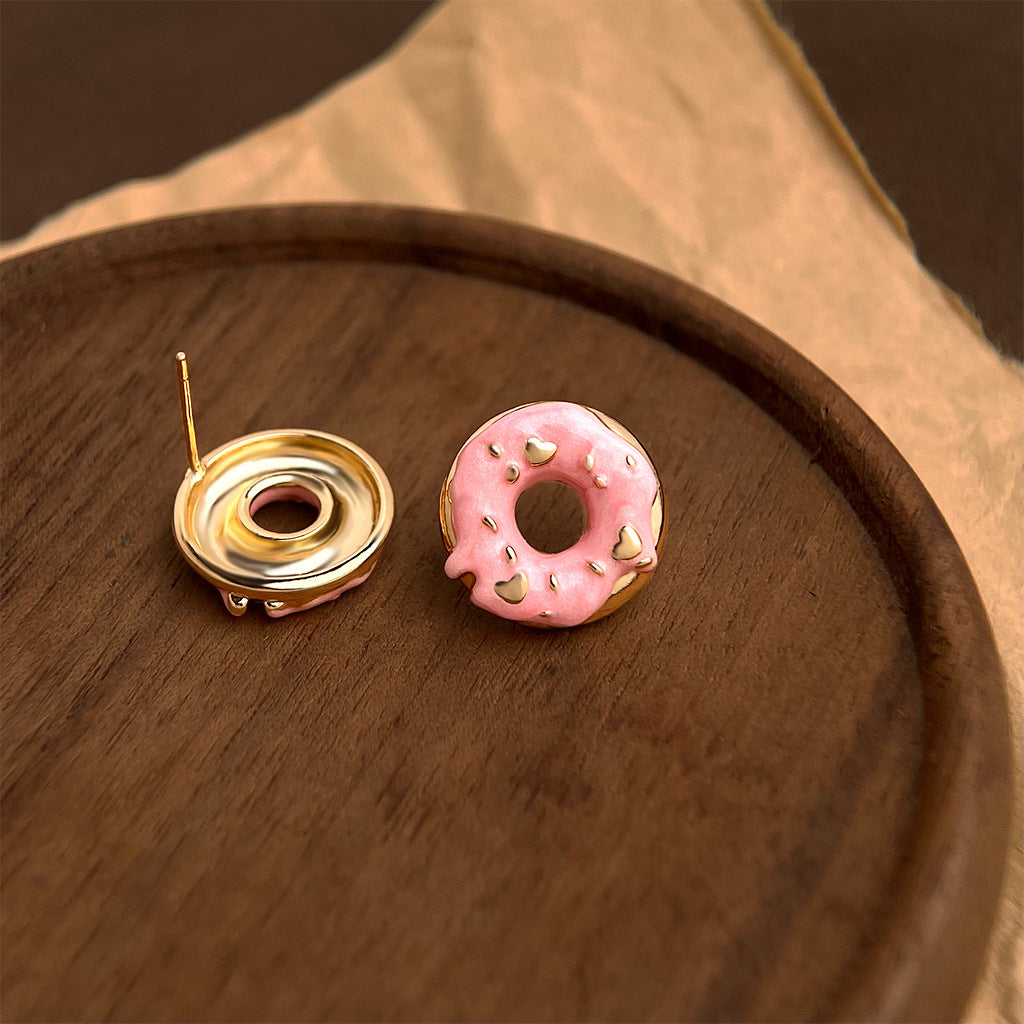 Doughnut Shape Gold Stud Earrings — pink earrings, view 4