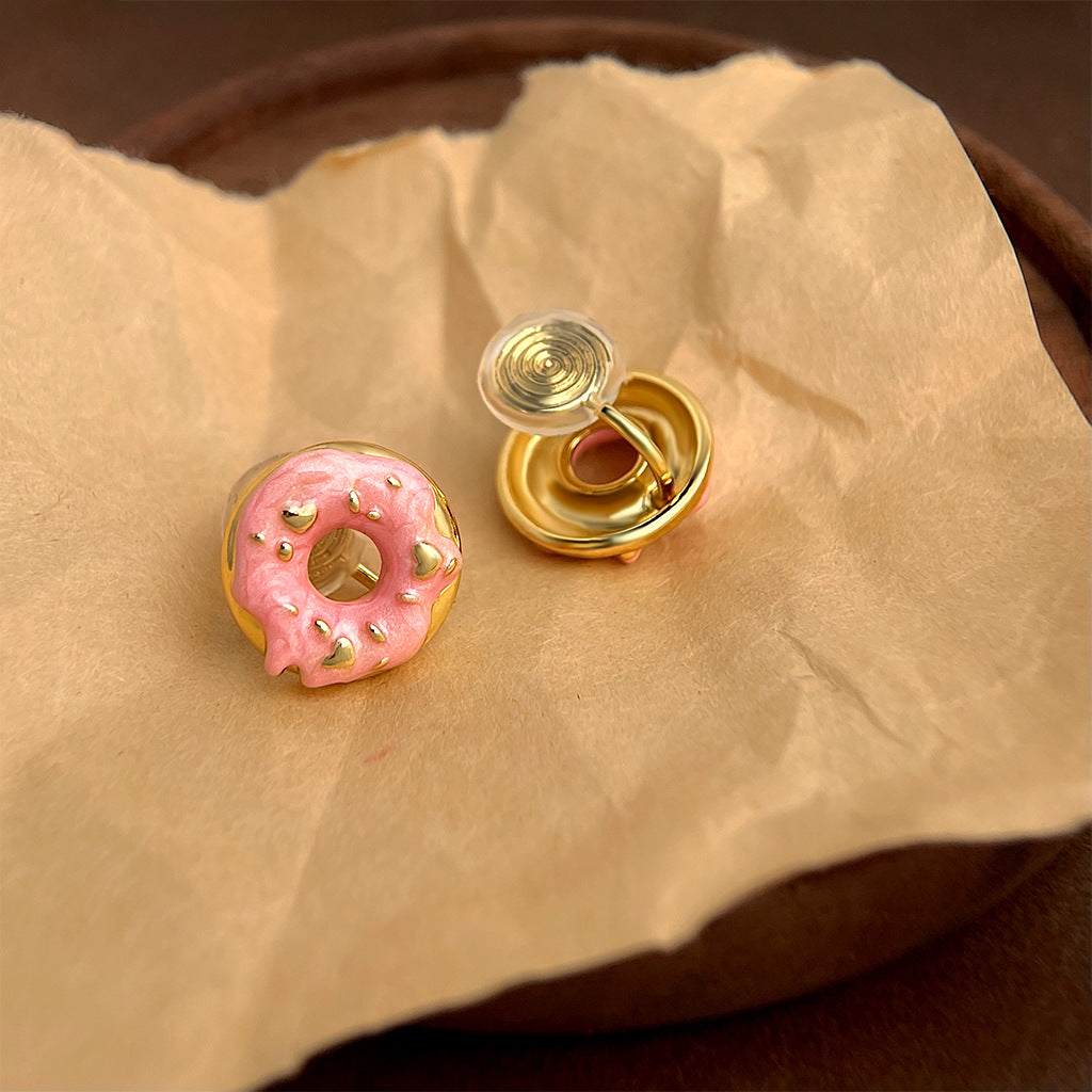 Doughnut Shape Gold Stud Earrings — pink earrings, view 5