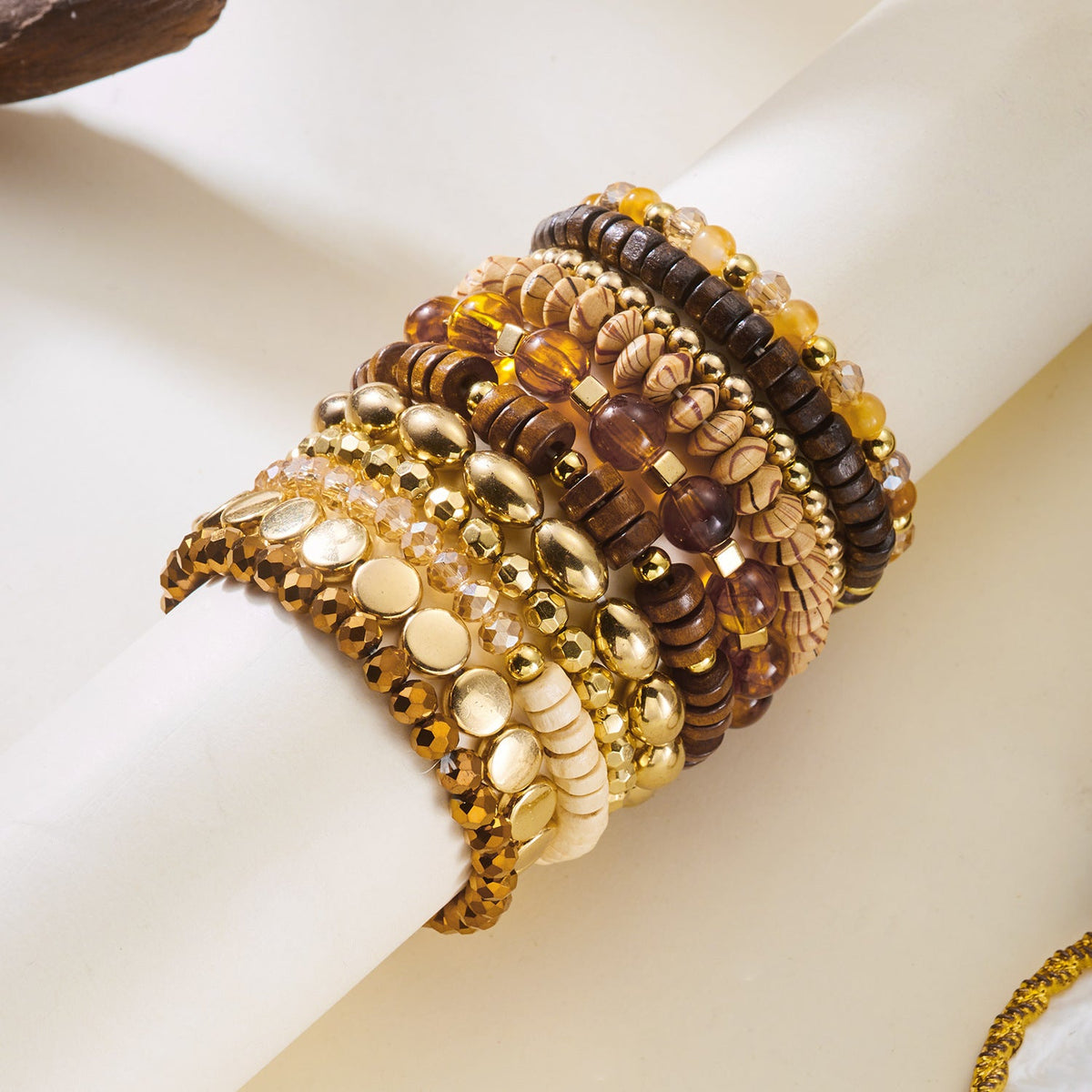 Layered Wood Bead Bracelet — brown bracelet, view 3