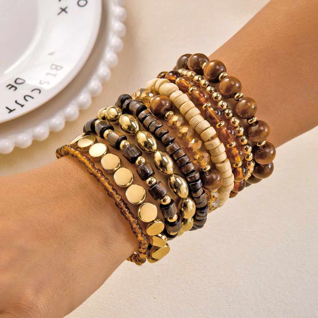 Layered Wood Bead Bracelet — brown bracelet, view 4