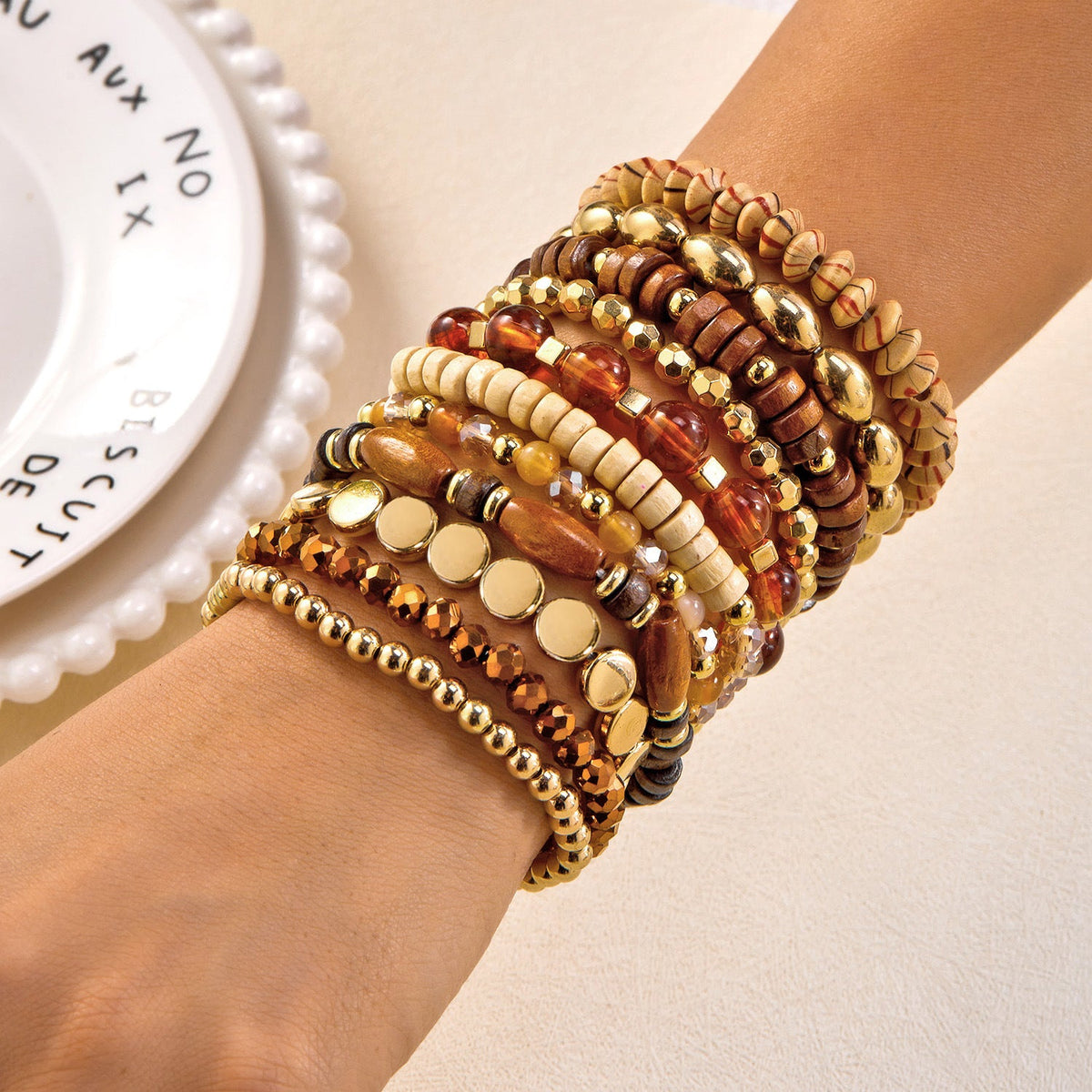 Layered Wood Bead Bracelet — brown bracelet, view 5