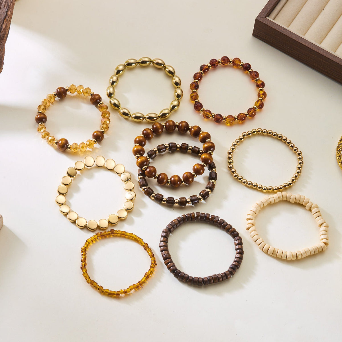 Layered Wood Bead Bracelet — brown bracelet, view 7