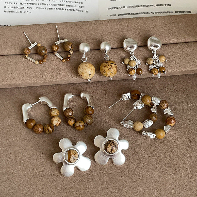 Beaded Drop Stud Earrings — brown earrings, view 2