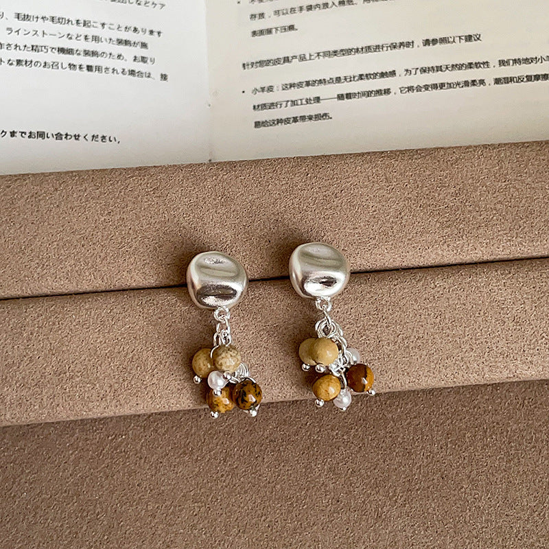 Beaded Drop Stud Earrings — brown earrings, view 3