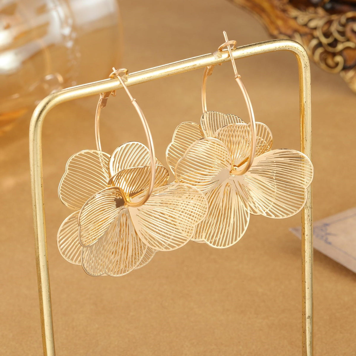 Gold Floral Dangle Hoop Earrings — earrings, view 2
