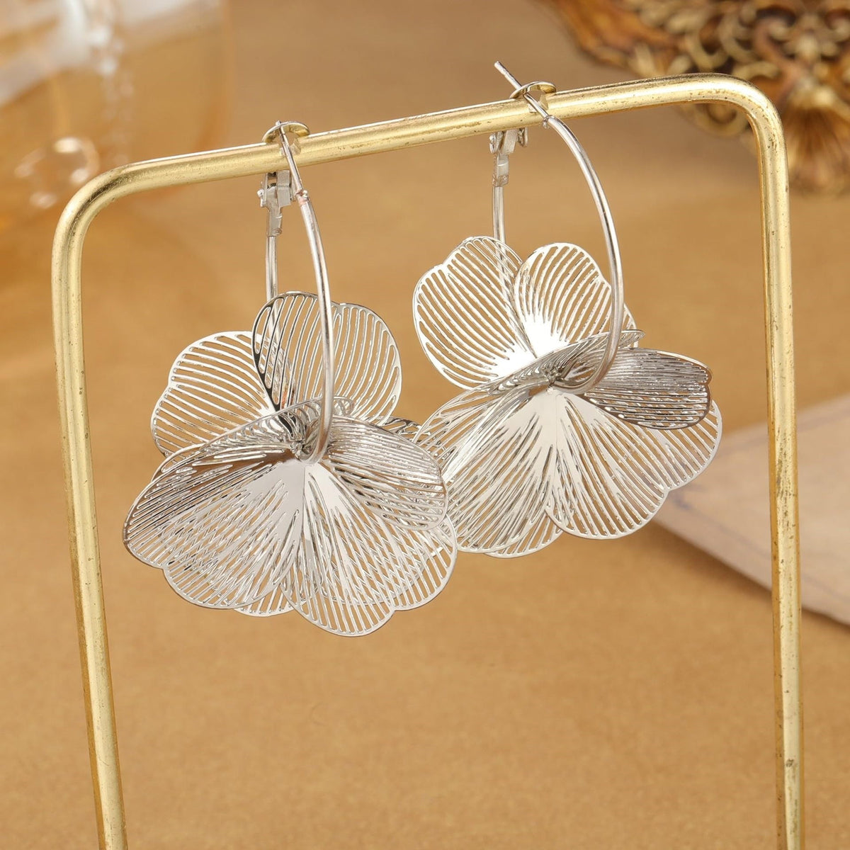 Gold Floral Dangle Hoop Earrings — earrings, view 3