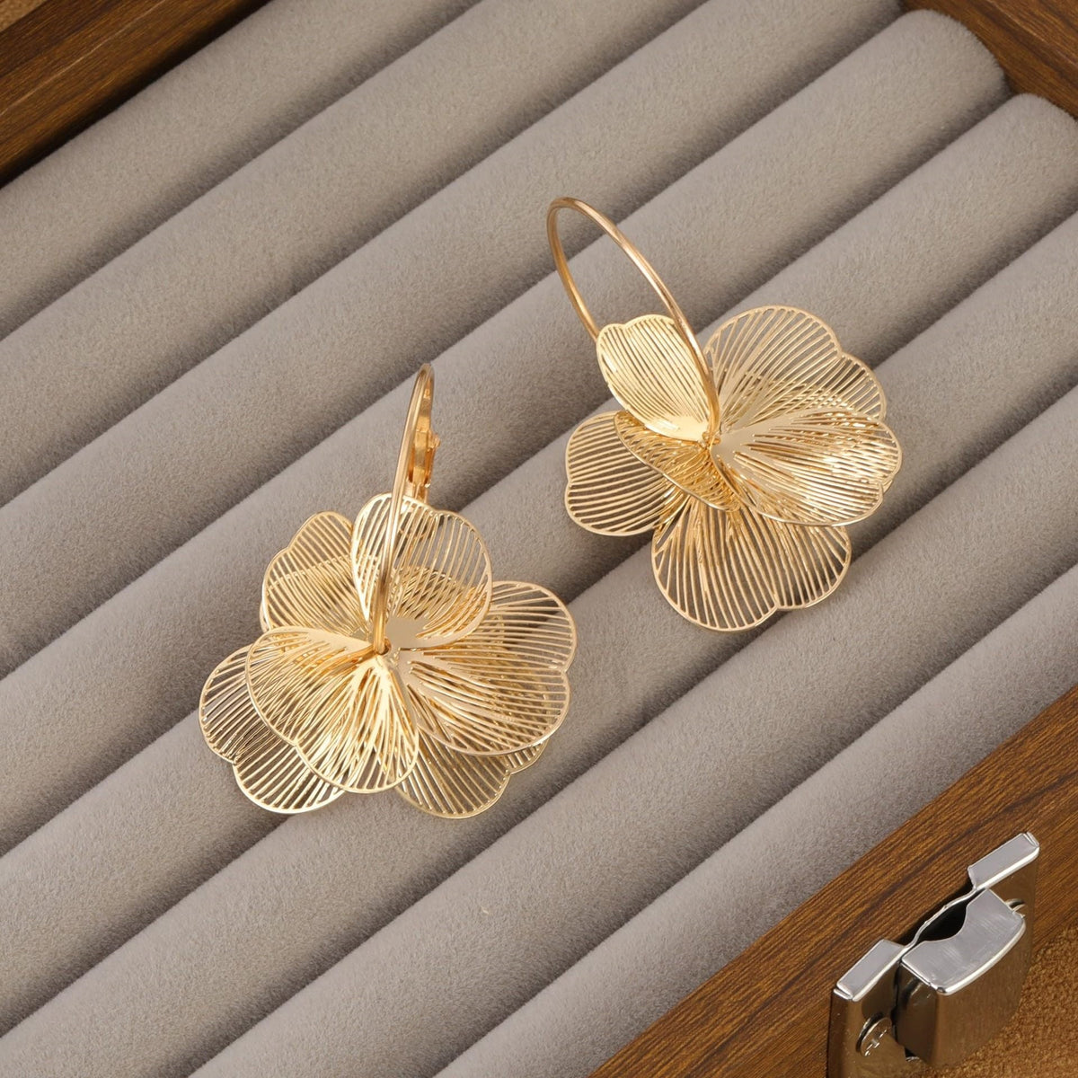 Gold Floral Dangle Hoop Earrings — earrings, view 4