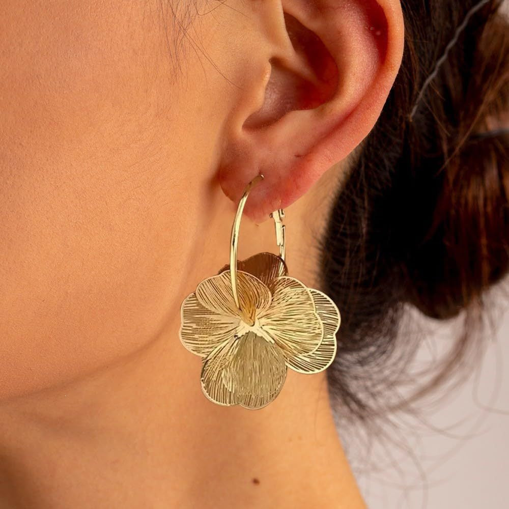 Gold Floral Dangle Hoop Earrings — earrings, view 7