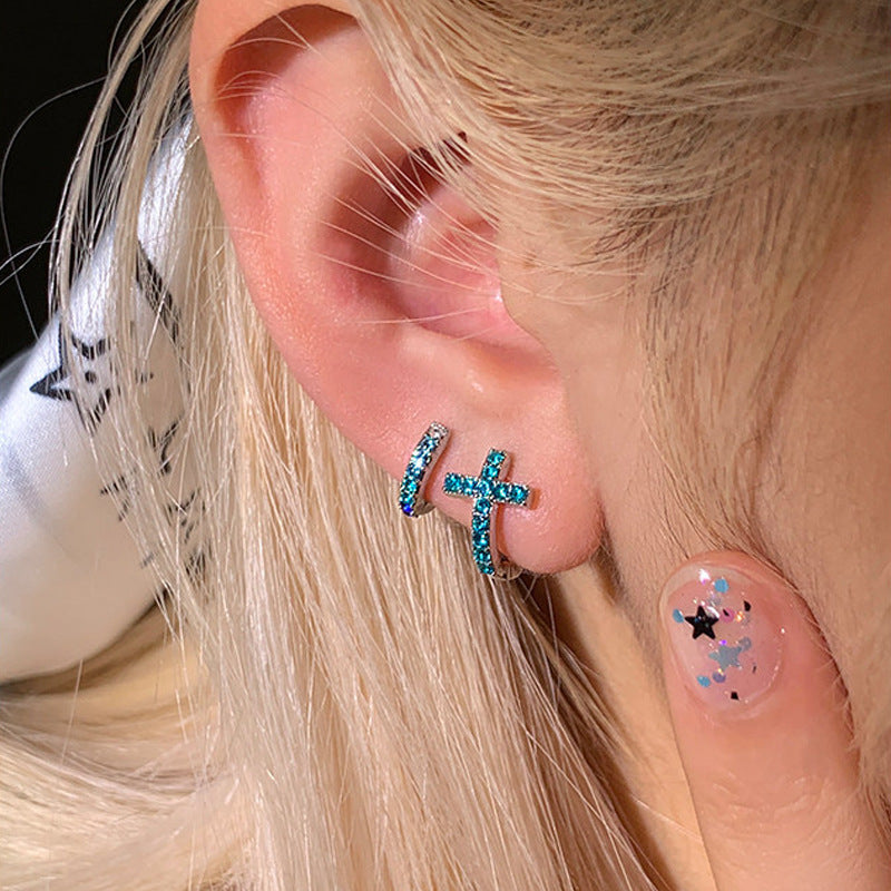 Cross Motif Rhinestone Hoop Earrings — earrings, view 4