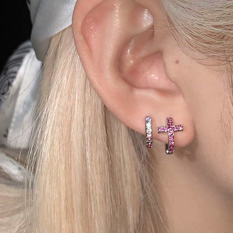Cross Motif Rhinestone Hoop Earrings — earrings, view 5