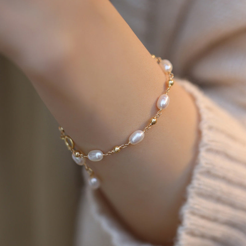 Gold-Plated Pearl Chain Bracelet — white bracelet, view 2