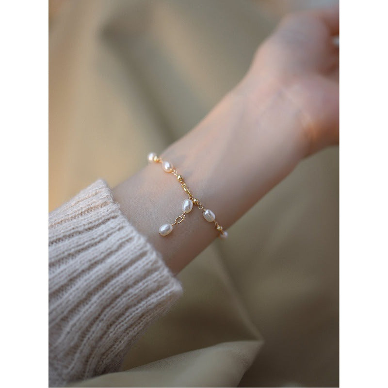 Gold-Plated Pearl Chain Bracelet — white bracelet, view 3