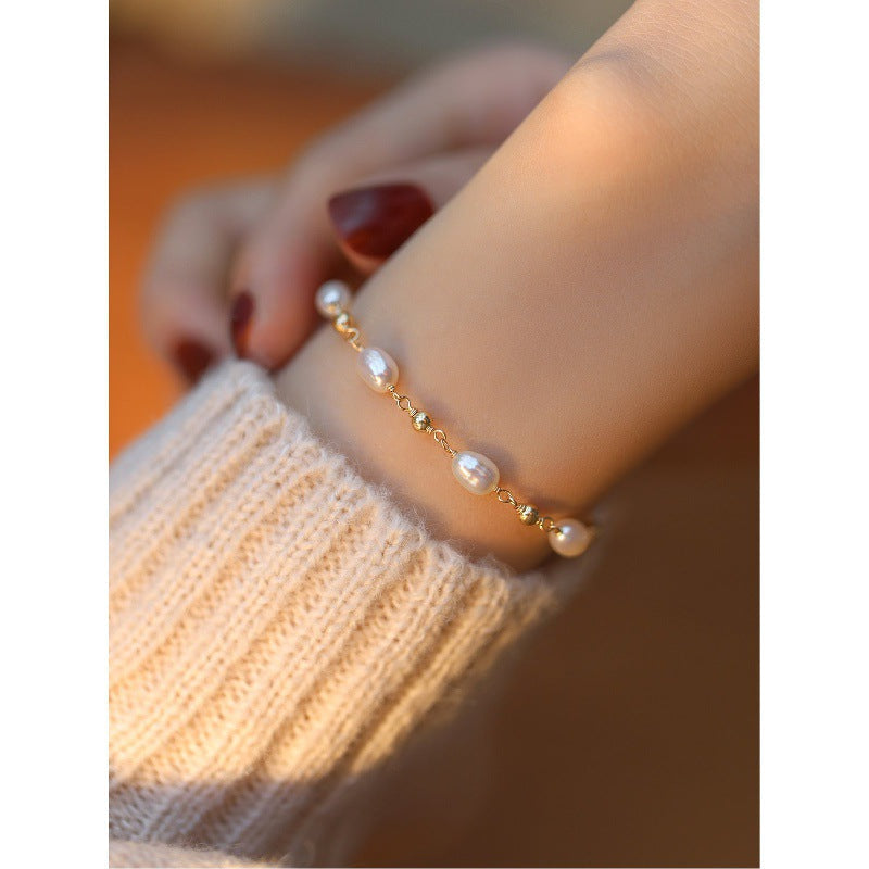 Gold-Plated Pearl Chain Bracelet — white bracelet, view 4
