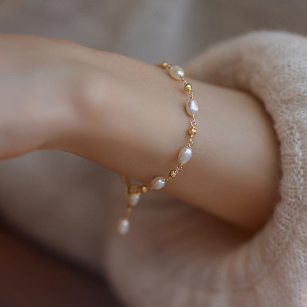 Gold-Plated Pearl Chain Bracelet — white bracelet, view 5