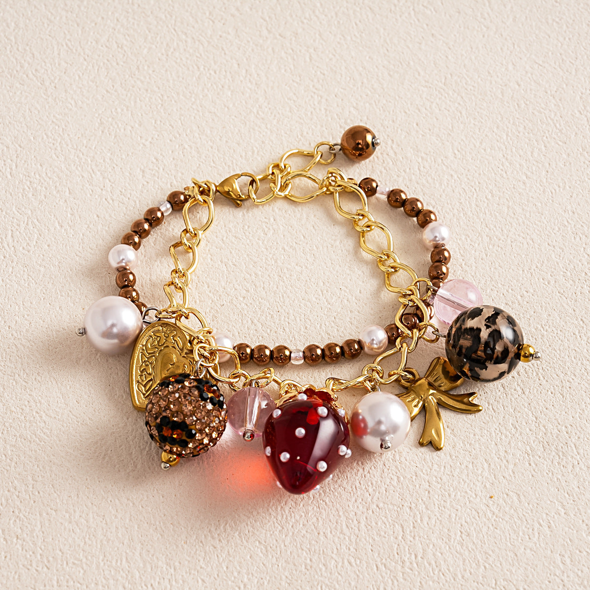 Strawberry Heart Pendant Bracelet — gold bracelet, view 2