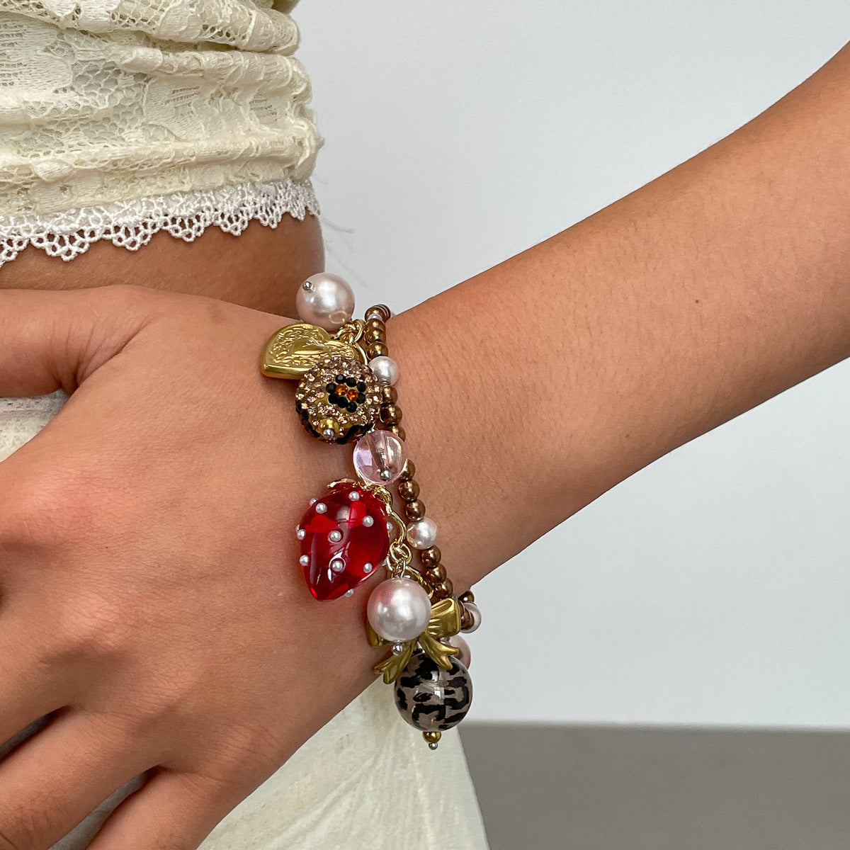 Strawberry Heart Pendant Bracelet — gold bracelet, view 3