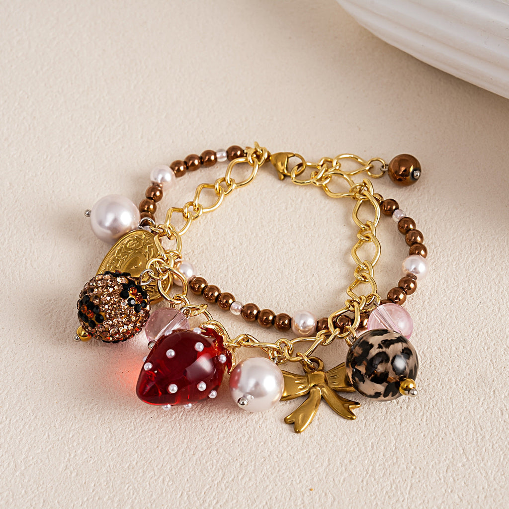 Strawberry Heart Pendant Bracelet — gold bracelet, view 5