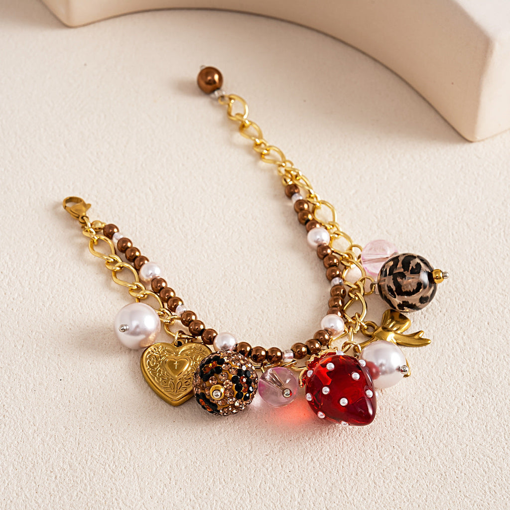 Strawberry Heart Pendant Bracelet — gold bracelet, view 6