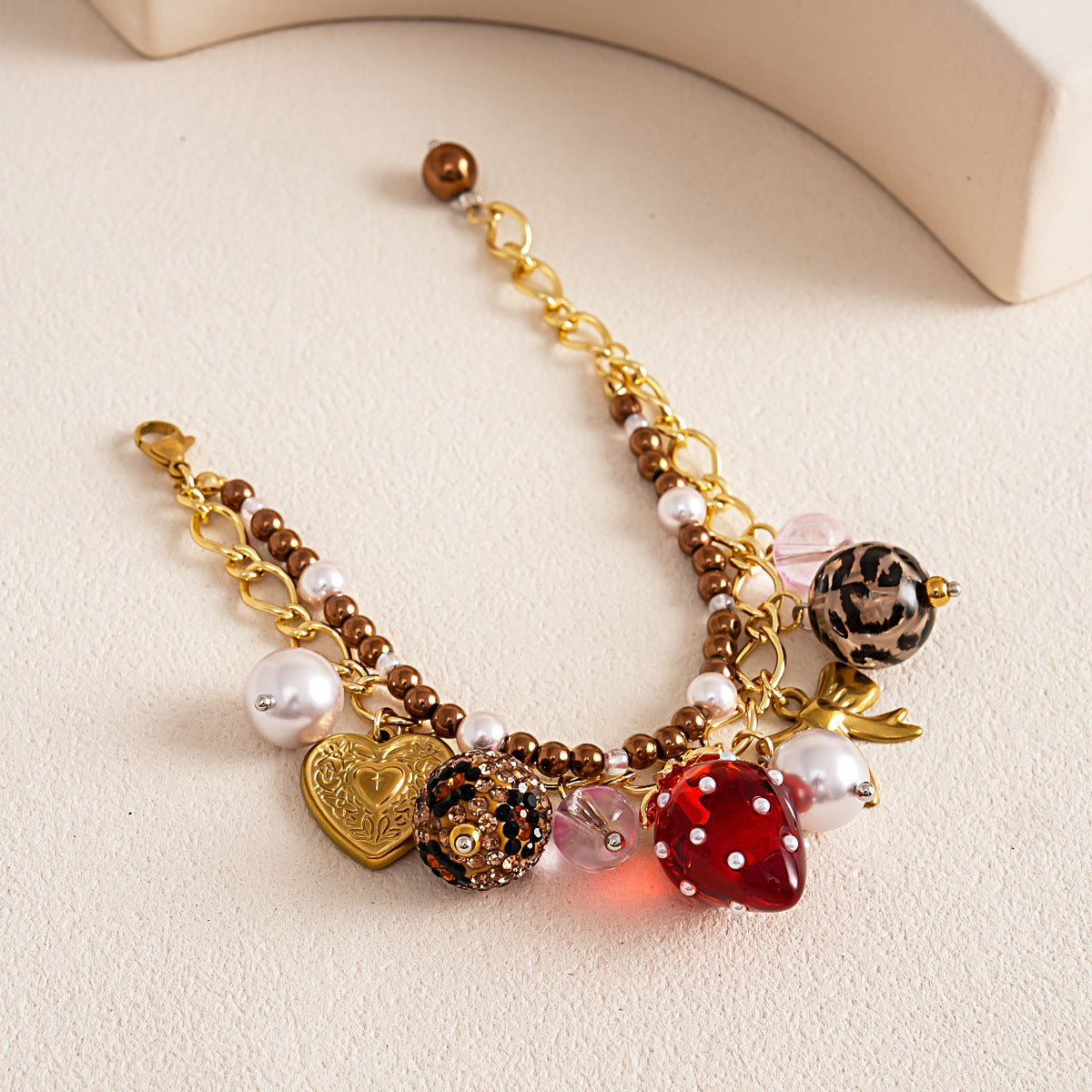 Strawberry Heart Pendant Bracelet — gold bracelet, view 6