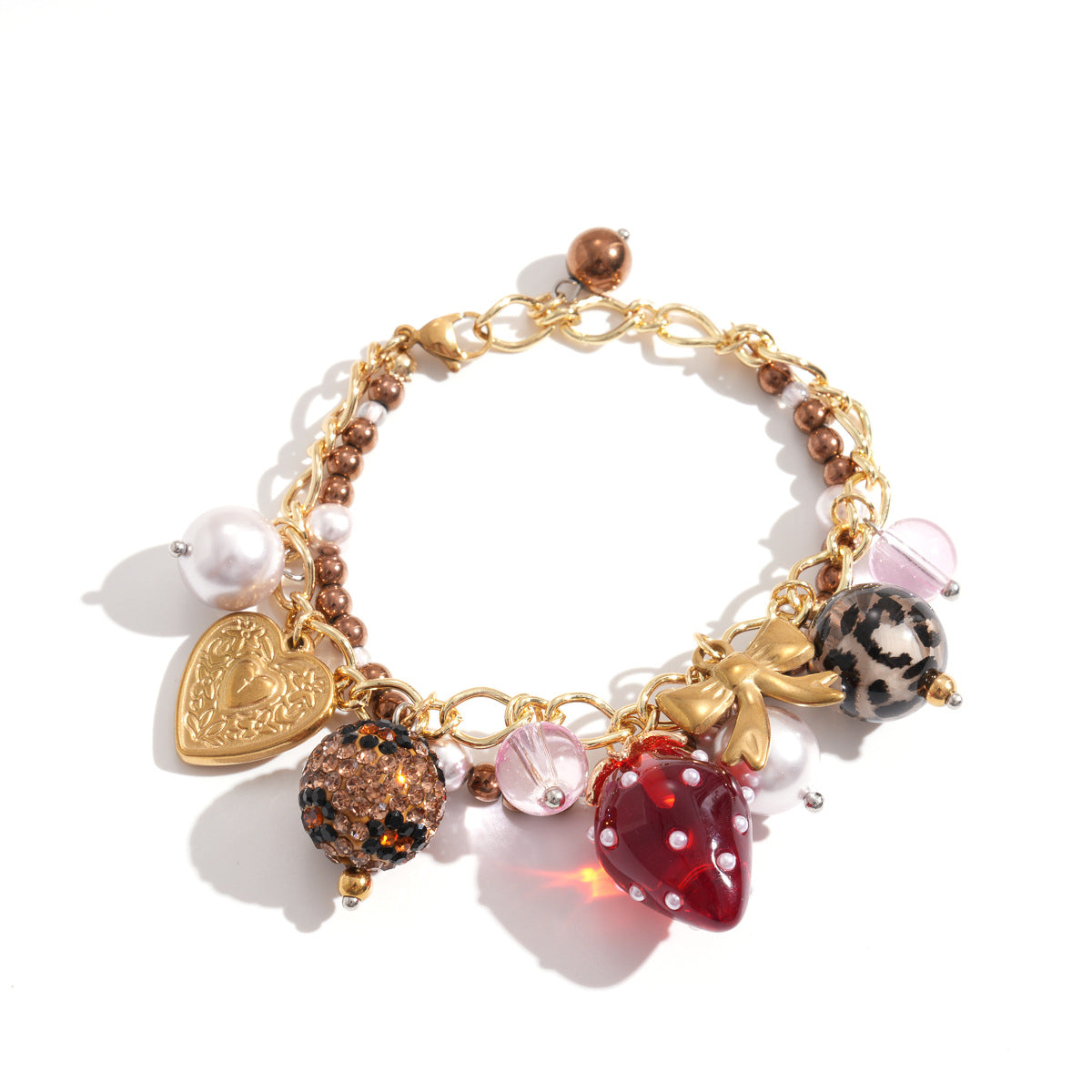 Strawberry Heart Pendant Bracelet — gold bracelet, view 7