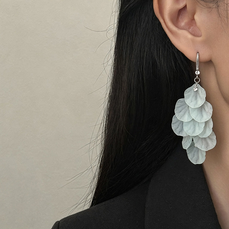 Multilayer Petal Tassel Hook Earrings — light blue earrings, view 2