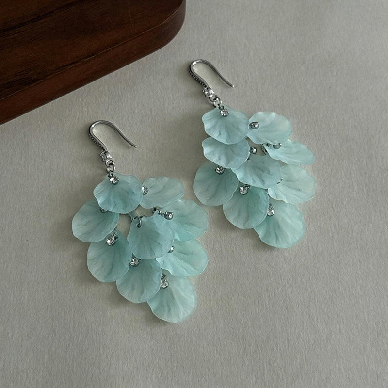 Multilayer Petal Tassel Hook Earrings — light blue earrings, view 3