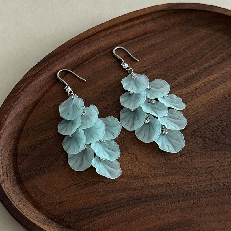 Multilayer Petal Tassel Hook Earrings — light blue earrings, view 4